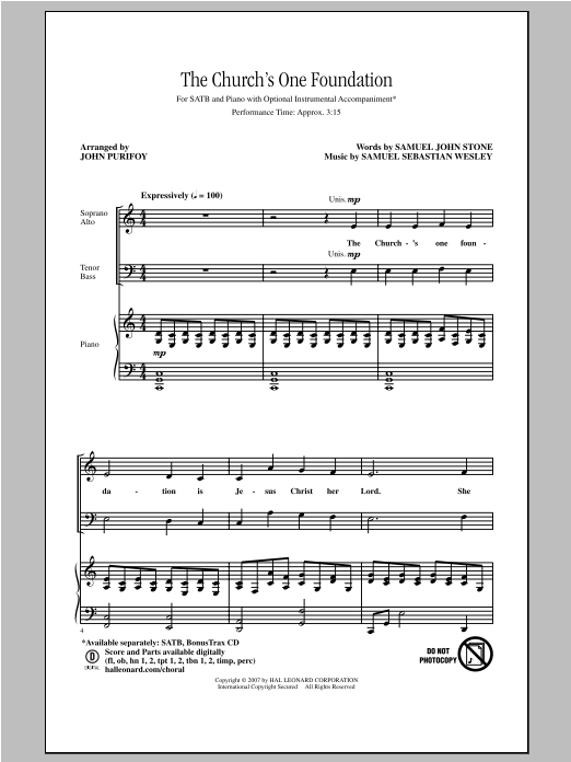 Samuel Wesley The Church's One Foundation (arr. John Purifoy) Sheet Music Notes & Chords for SATB - Download or Print PDF