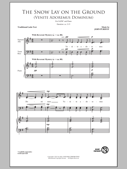 John Purifoy The Snow Lay On The Ground (Venite Adoremus Dominum) Sheet Music Notes & Chords for SATB - Download or Print PDF