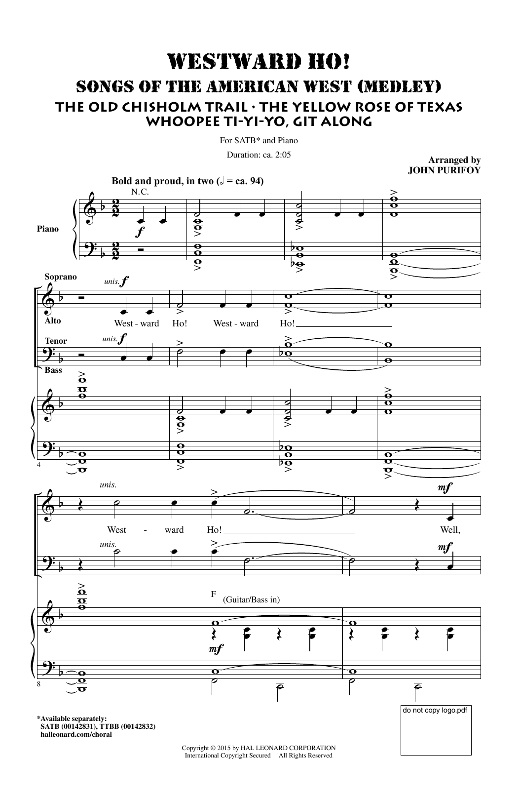 John Purifoy Westward Ho! Songs of the American West (Medley) Sheet Music Notes & Chords for SATB - Download or Print PDF