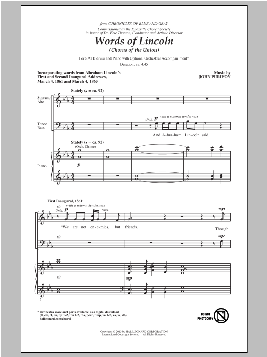 John Purifoy Words Of Lincoln (Chorus of the Union) Sheet Music Notes & Chords for SATB - Download or Print PDF