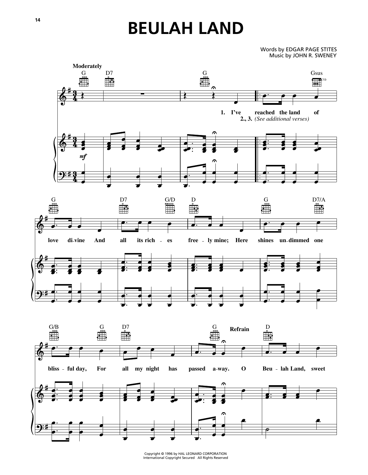 John R. Sweney Beulah Land Sheet Music Notes & Chords for Piano, Vocal & Guitar Chords (Right-Hand Melody) - Download or Print PDF