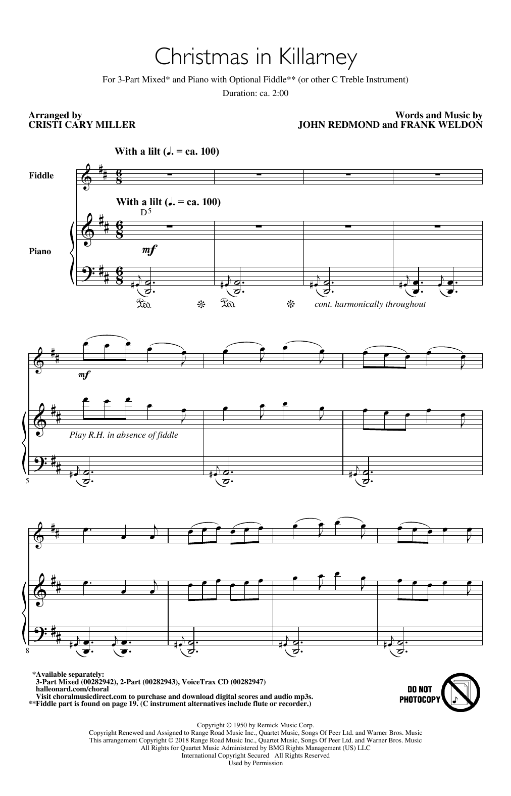 John Redmond & Frank Weldon Christmas In Killarney (arr. Cristi Cary Miller) Sheet Music Notes & Chords for 3-Part Mixed Choir - Download or Print PDF