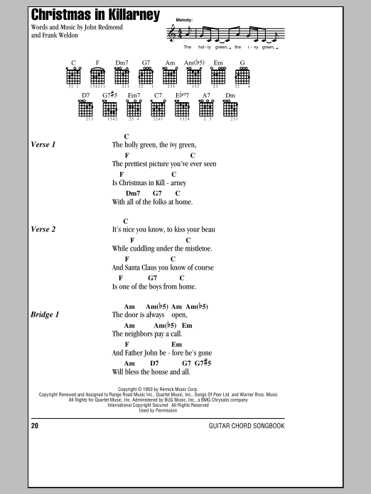 John Redmond Christmas In Killarney Sheet Music Notes & Chords for Melody Line, Lyrics & Chords - Download or Print PDF