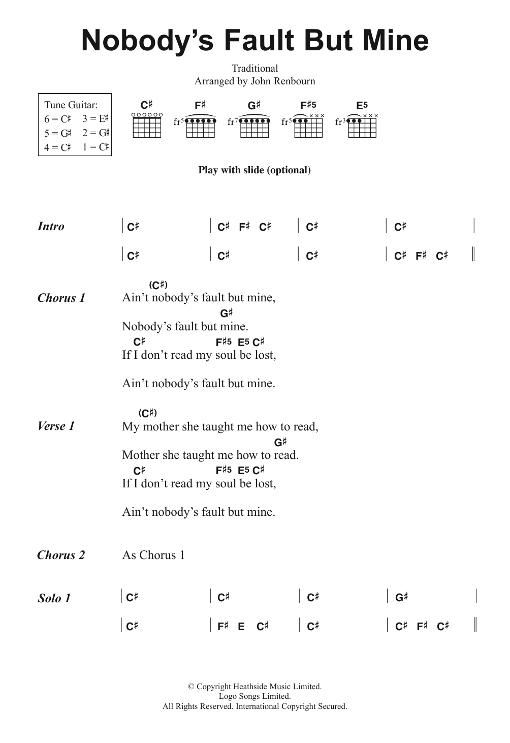 John Renbourn Nobody's Fault But Mine Sheet Music Notes & Chords for Lyrics & Chords - Download or Print PDF