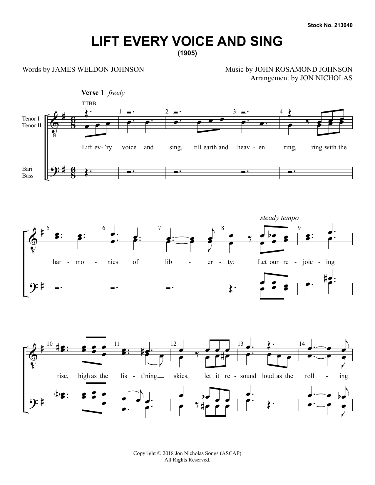 John Rosamond Johnson Lift Every Voice and Sing (arr. Jon Nicholas) Sheet Music Notes & Chords for Choir - Download or Print PDF