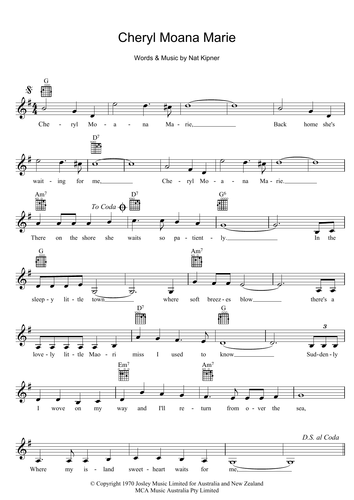 John Rowles Cheryl Moana Marie Sheet Music Notes & Chords for Melody Line, Lyrics & Chords - Download or Print PDF