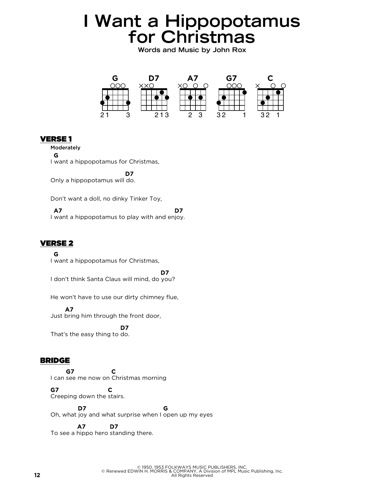 John Rox I Want A Hippopotamus For Christmas Sheet Music Notes & Chords for Really Easy Guitar - Download or Print PDF