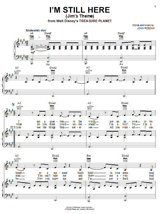 John Rzeznik I'm Still Here (Jim's Theme) (from Treasure Planet) Sheet Music Notes & Chords for Piano (Big Notes) - Download or Print PDF