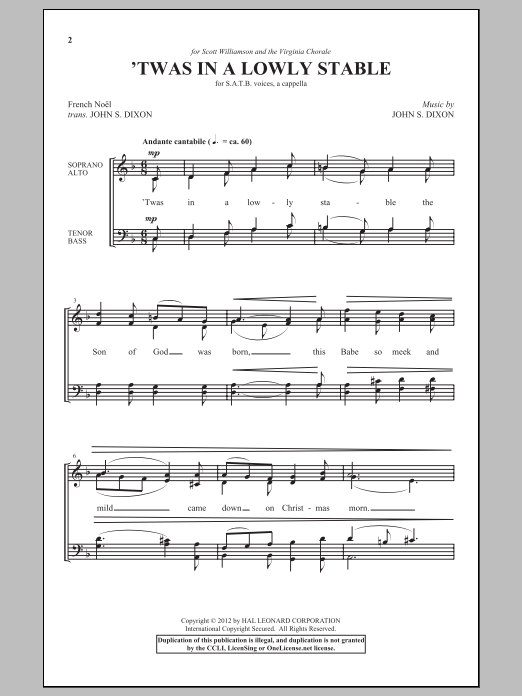 John S. Dixon 'Twas In A Lowly Stable Sheet Music Notes & Chords for SATB - Download or Print PDF