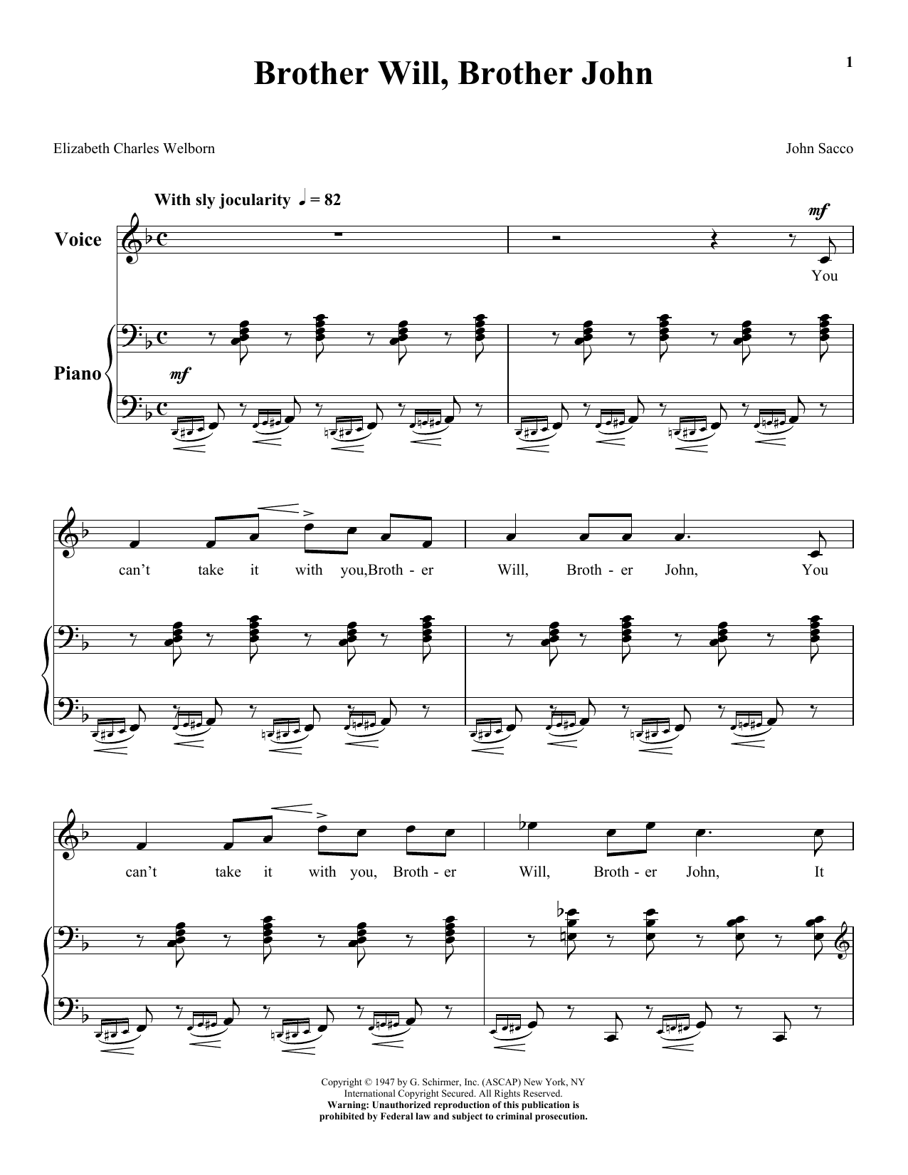 John Sacco Brother Will, Brother John Sheet Music Notes & Chords for Piano & Vocal - Download or Print PDF