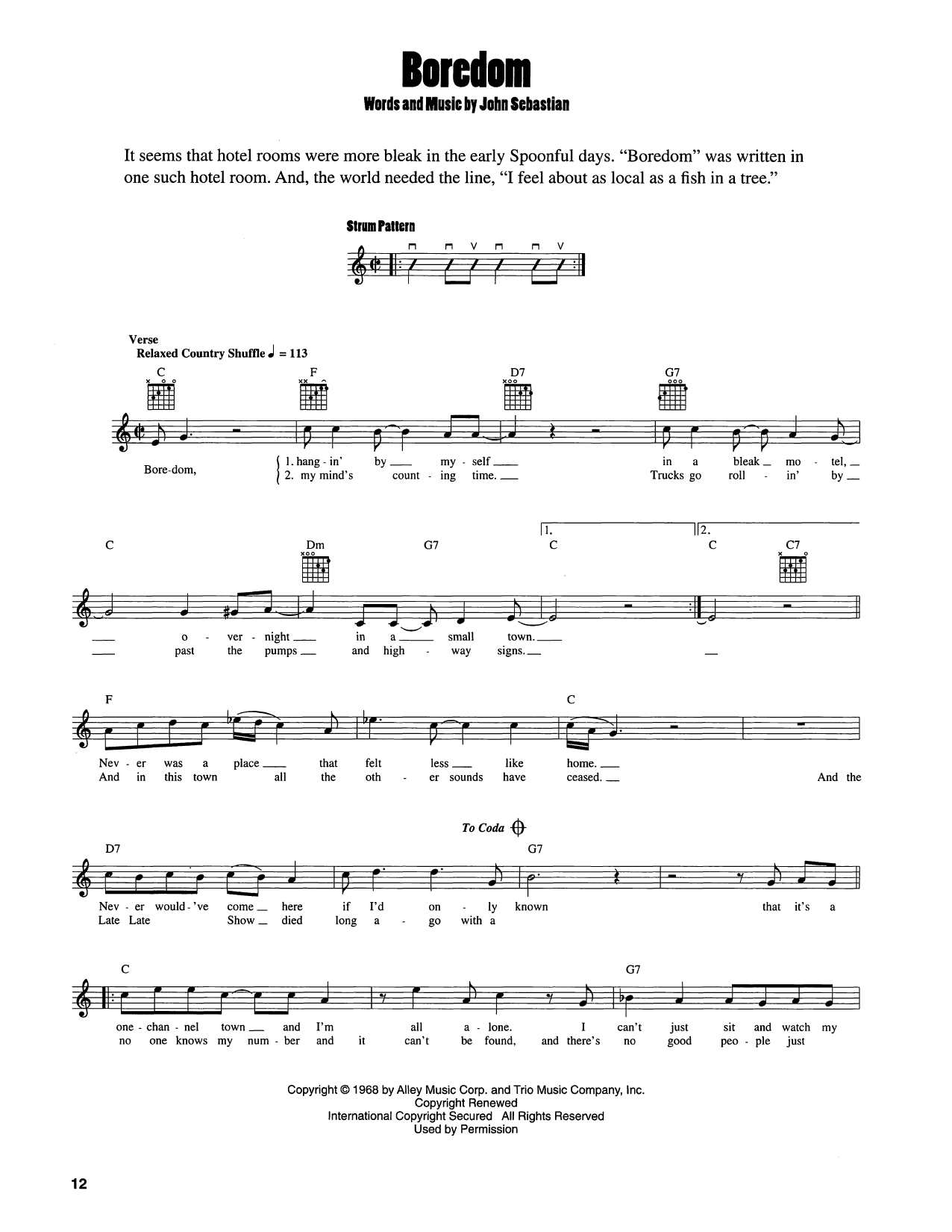 John Sebastian Boredom Sheet Music Notes & Chords for Easy Guitar - Download or Print PDF