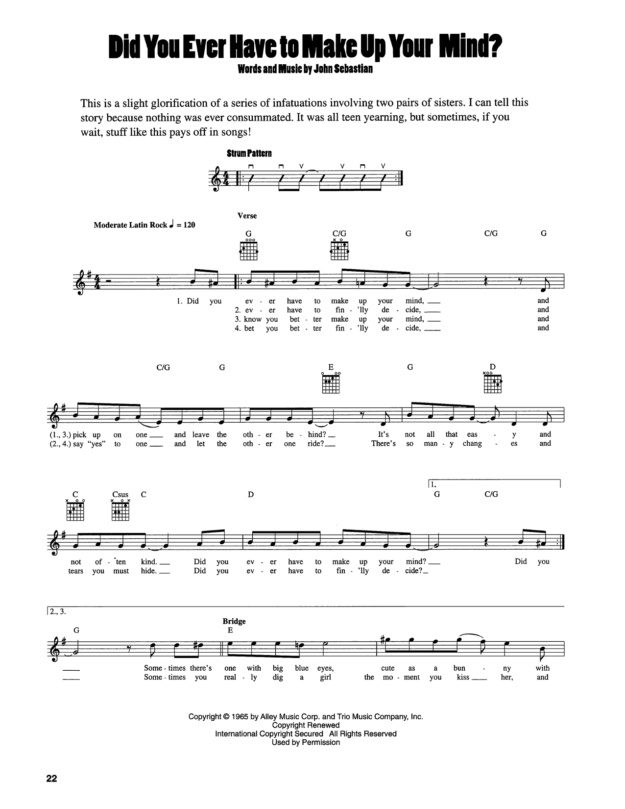 John Sebastian Did You Ever Have To Make Up Your Mind? Sheet Music Notes & Chords for Easy Guitar - Download or Print PDF