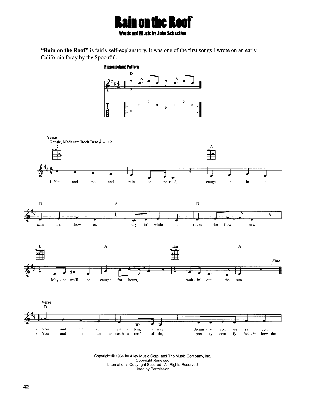 John Sebastian Rain On The Roof Sheet Music Notes & Chords for Easy Guitar - Download or Print PDF