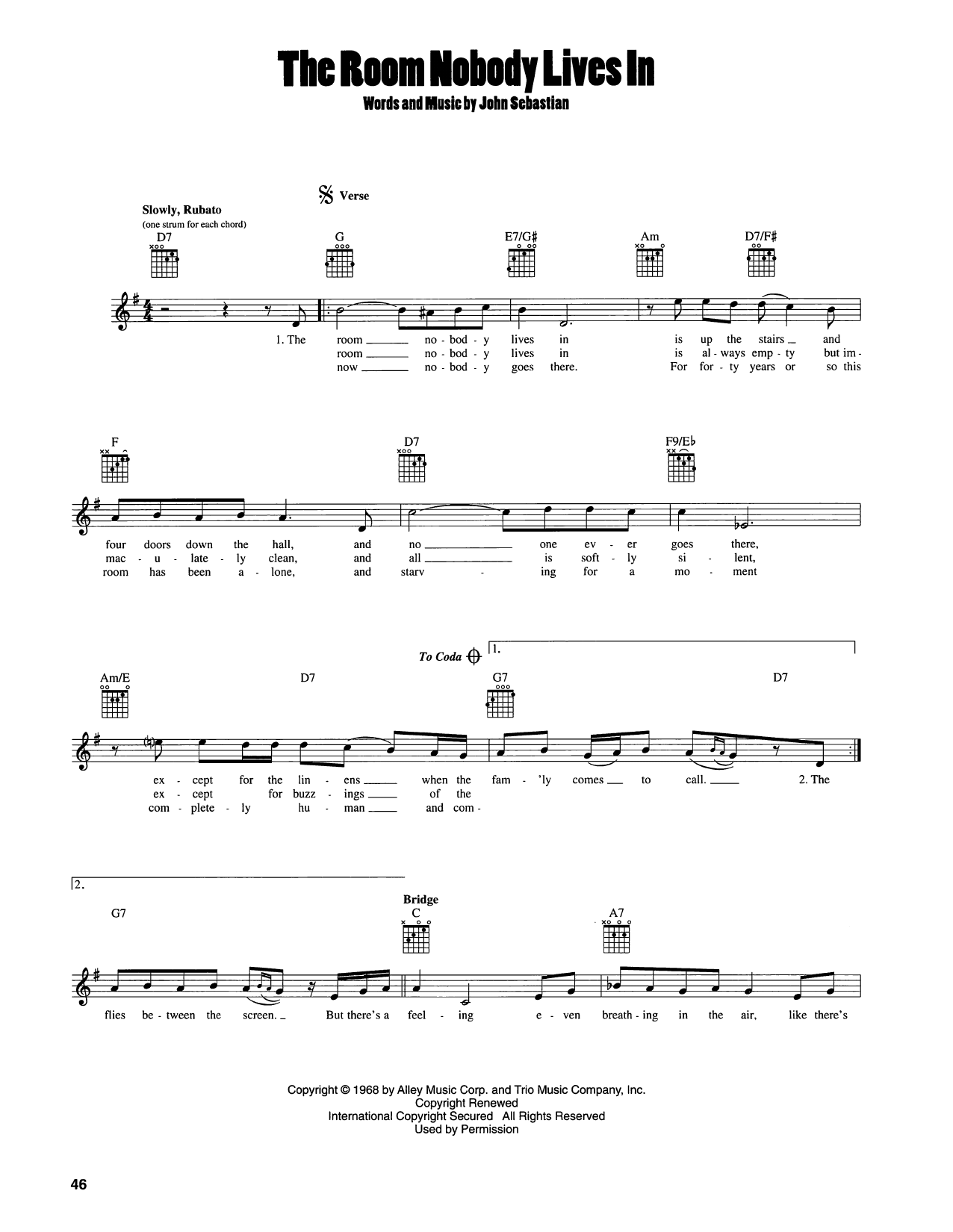 John Sebastian The Room Nobody Lives In Sheet Music Notes & Chords for Easy Guitar - Download or Print PDF