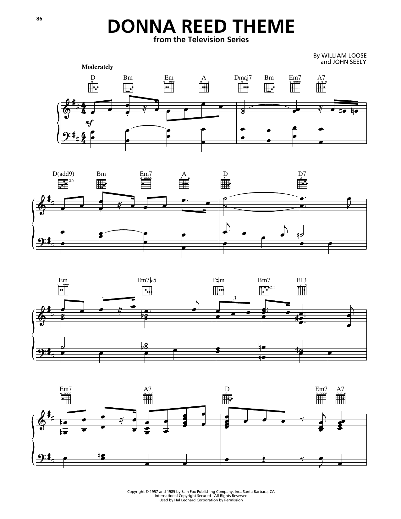 John Seely Donna Reed Theme Sheet Music Notes & Chords for Piano Solo - Download or Print PDF