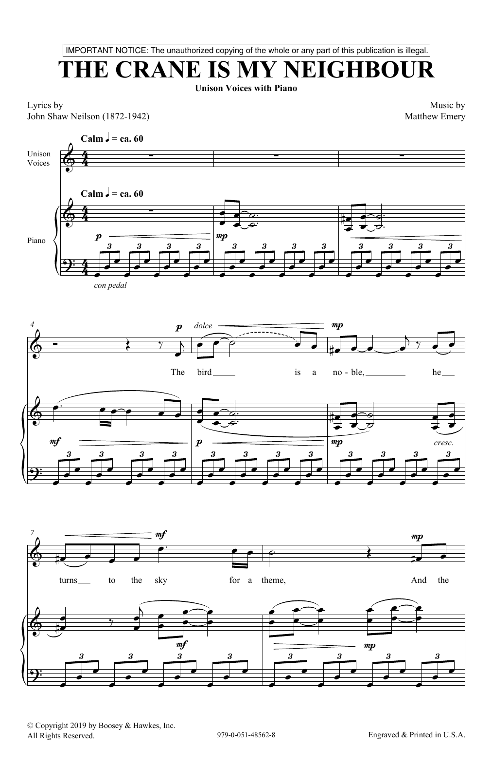 John Shaw Neilson and Matthew Emery The Crane Is My Neighbour Sheet Music Notes & Chords for Unison Choir - Download or Print PDF
