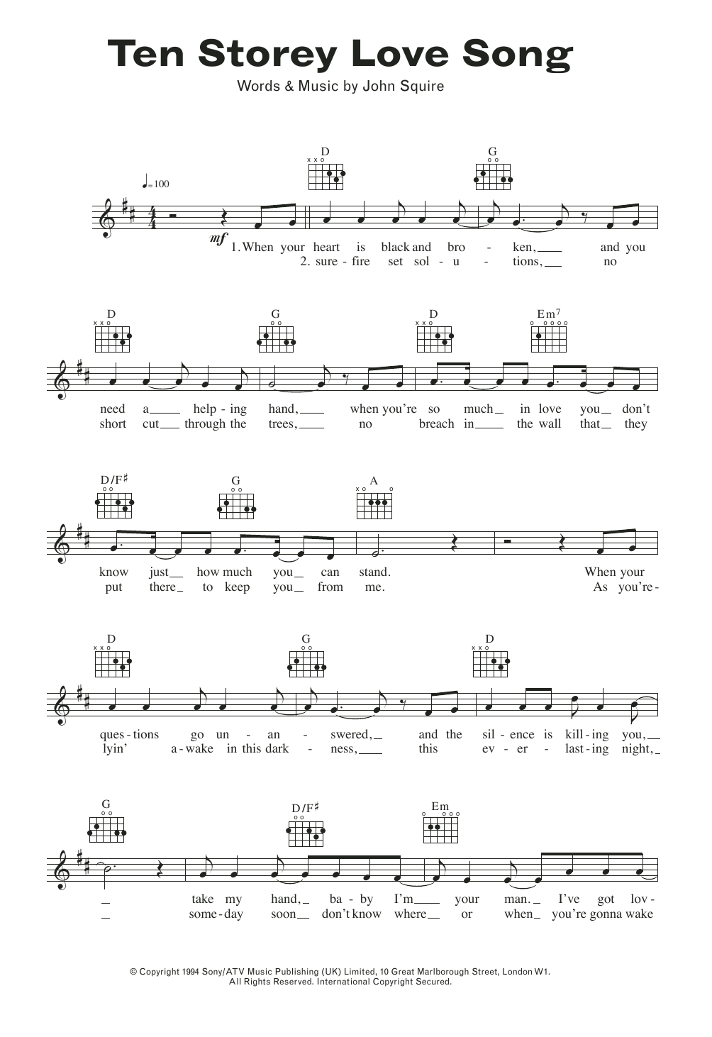 John Squire Ten Storey Love Song Sheet Music Notes & Chords for Melody Line, Lyrics & Chords - Download or Print PDF
