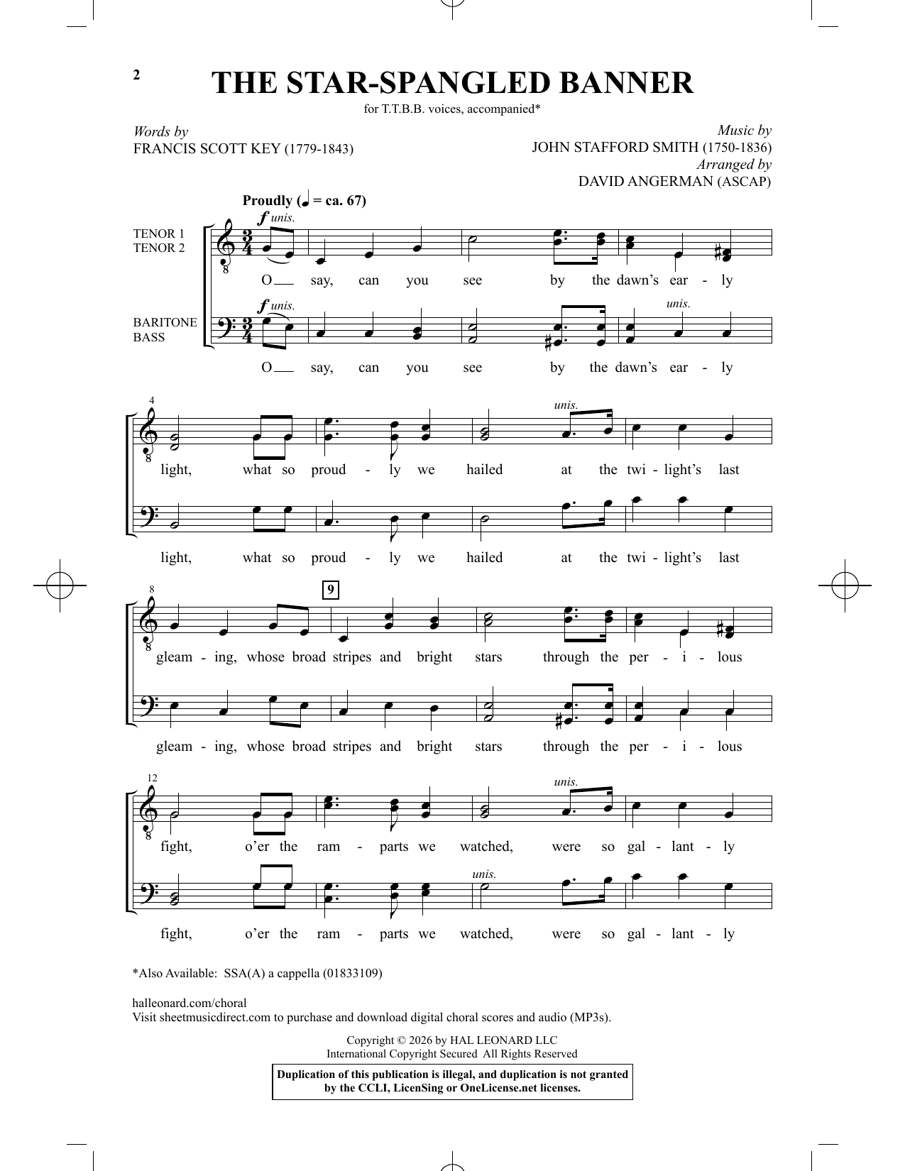 John Stafford Smith The Star-Spangled Banner (arr. David Angerman) Sheet Music Notes & Chords for TTBB Choir - Download or Print PDF