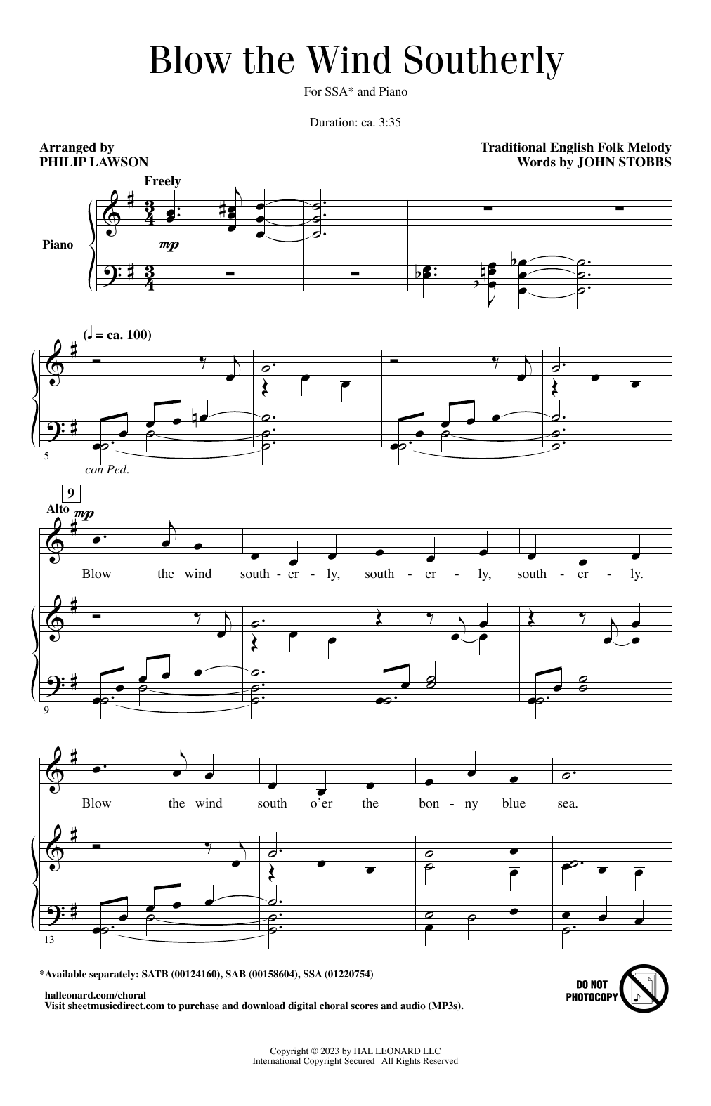 John Stobbs Blow The Wind Southerly (arr. Philip Lawson) Sheet Music Notes & Chords for SSA Choir - Download or Print PDF