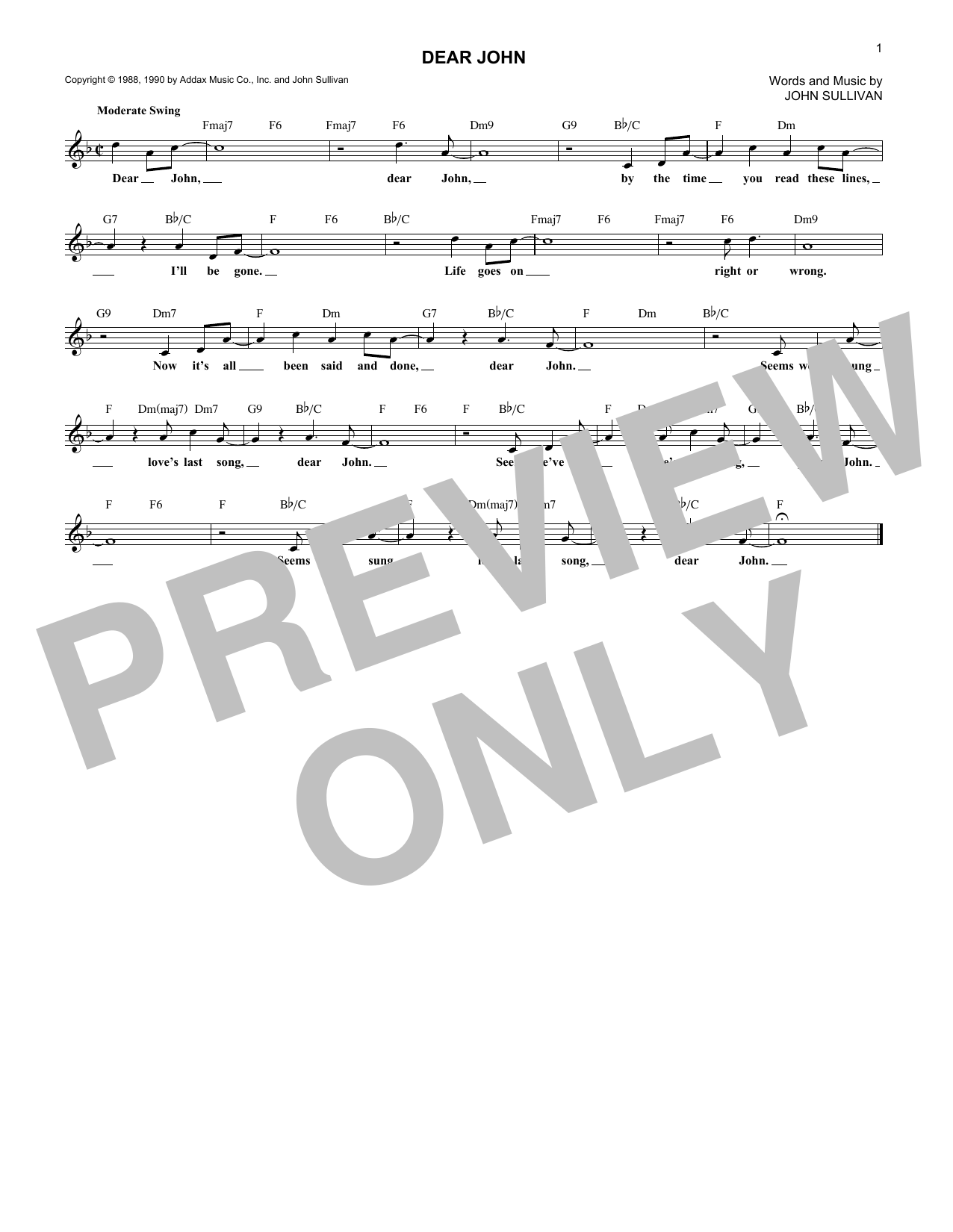 John Sullivan Dear John Sheet Music Notes & Chords for Melody Line, Lyrics & Chords - Download or Print PDF