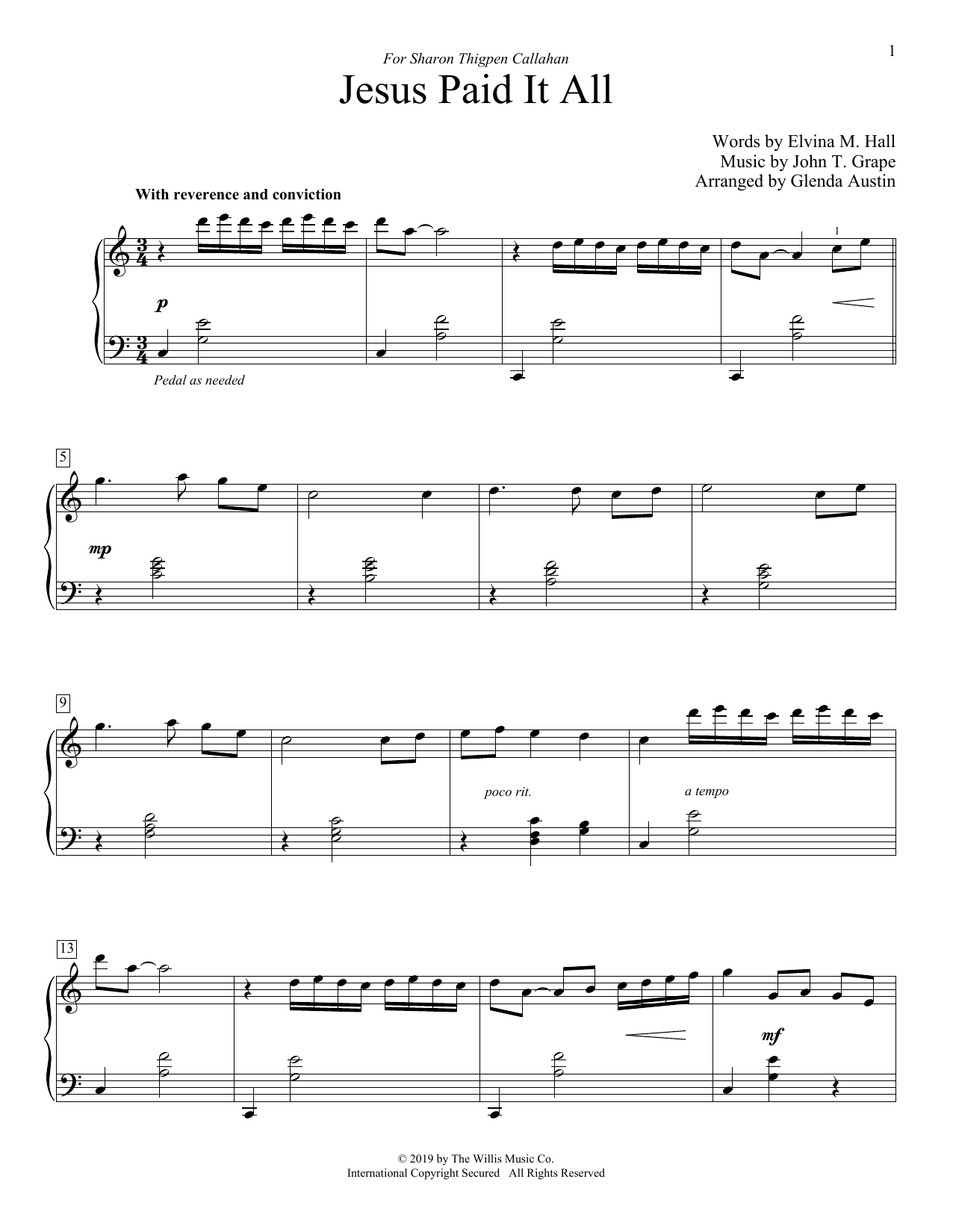 John T. Grape Jesus Paid It All (arr. Glenda Austin) Sheet Music Notes & Chords for Educational Piano - Download or Print PDF