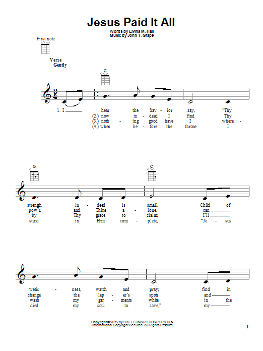 John T. Grape Jesus Paid It All Sheet Music Notes & Chords for Easy Piano - Download or Print PDF