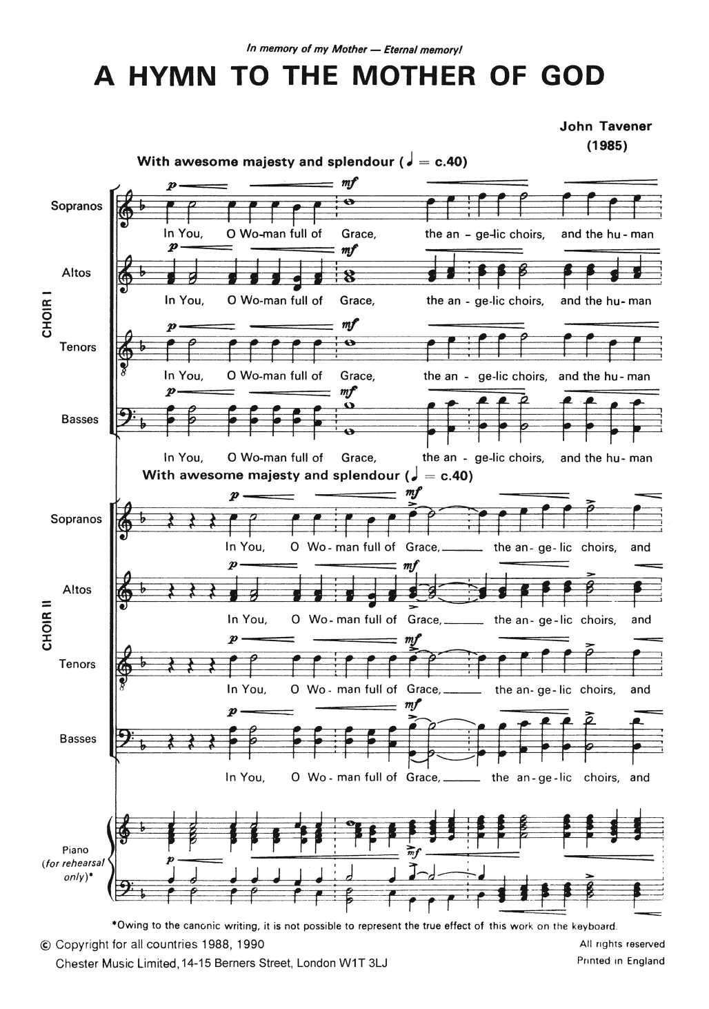 John Tavener Two Hymns To The Mother Of God Sheet Music Notes & Chords for Piano, Vocal & Guitar - Download or Print PDF