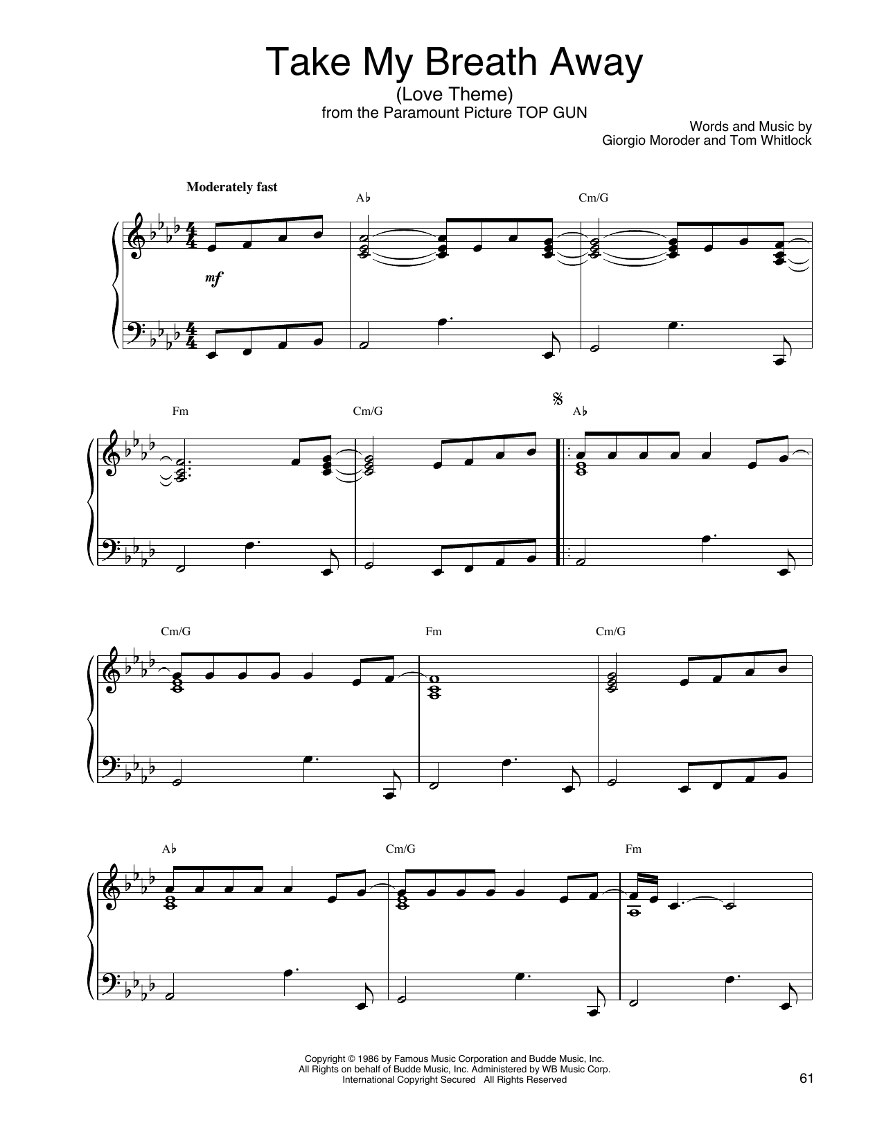 John Tesh Take My Breath Away (Love Theme) Sheet Music Notes & Chords for Piano Solo - Download or Print PDF