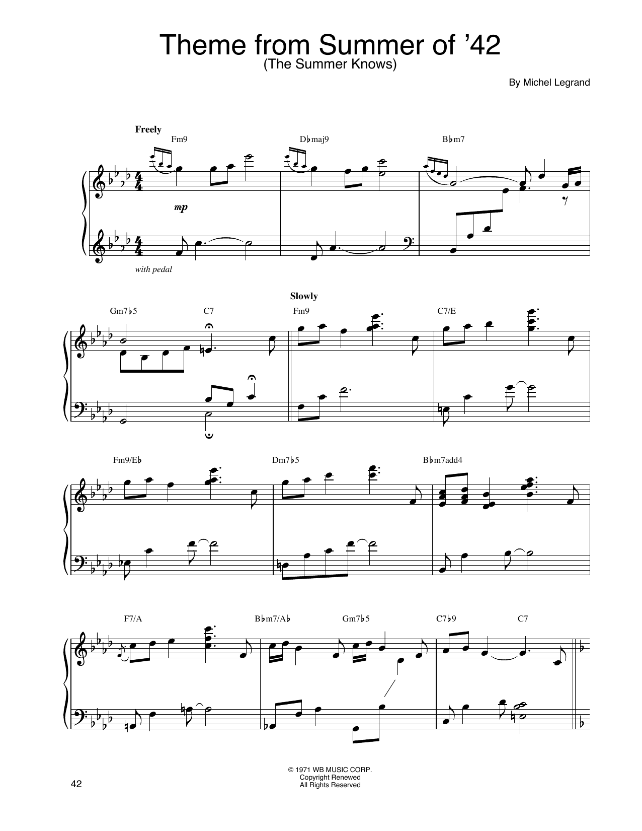 John Tesh Theme From Summer Of '42 (The Summer Knows) Sheet Music Notes & Chords for Piano Solo - Download or Print PDF