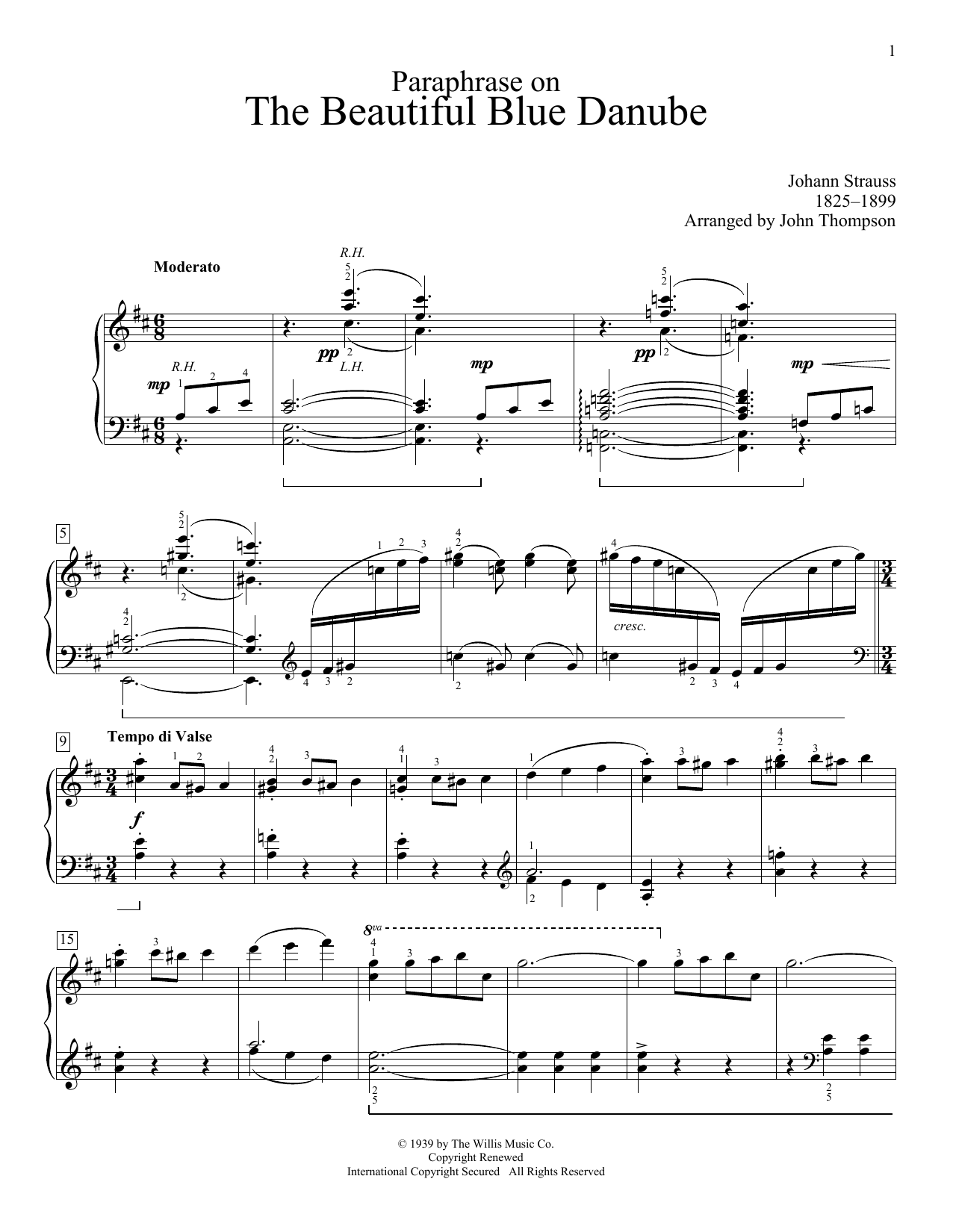 John Thompson Paraphrase On The Beautiful Blue Danube Waltzes Sheet Music Notes & Chords for Educational Piano - Download or Print PDF