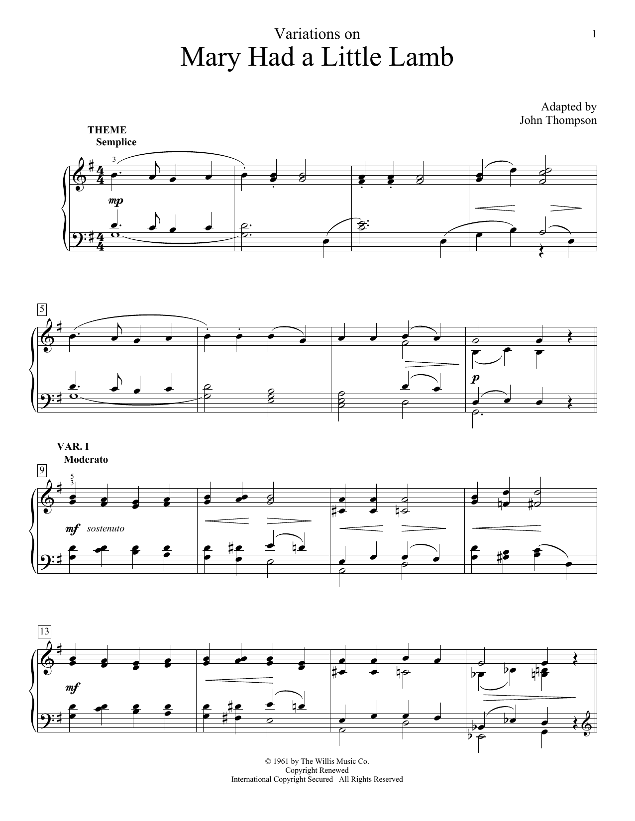 John Thompson Variations On Mary Had A Little Lamb Sheet Music Notes & Chords for Educational Piano - Download or Print PDF