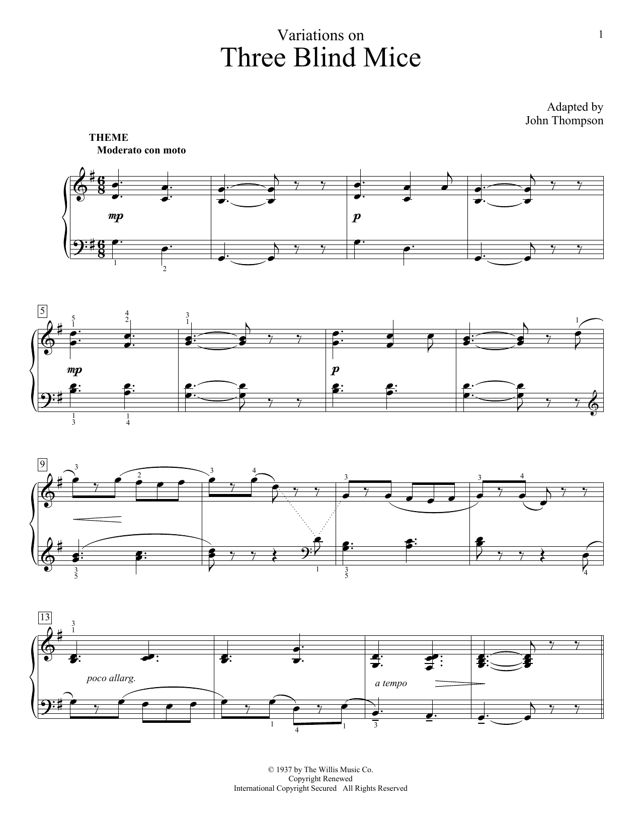 John Thompson Variations On Three Blind Mice Sheet Music Notes & Chords for Educational Piano - Download or Print PDF