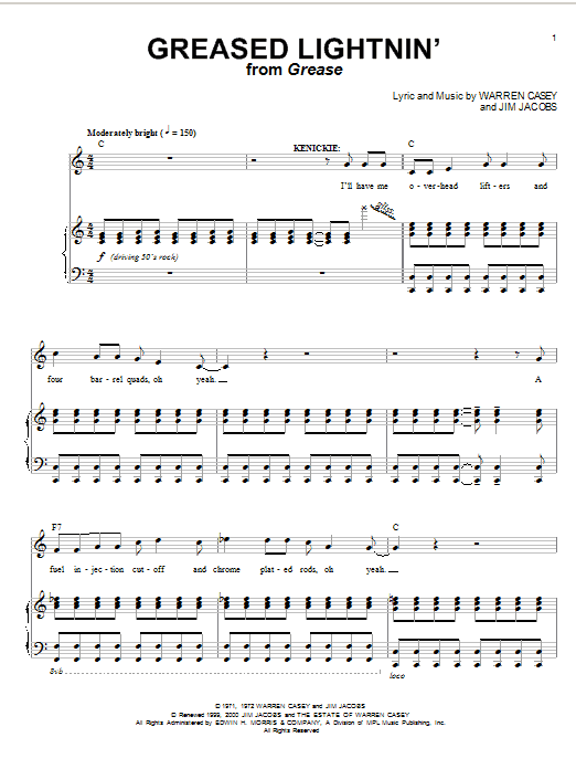 John Travolta Greased Lightnin' (from Grease) Sheet Music Notes & Chords for Piano, Vocal & Guitar (Right-Hand Melody) - Download or Print PDF John Travolta Greased Lightnin' (from Grease) Sheet Music Notes & Chords for Piano, Vocal & Guitar (Right-Hand Melody) - Download or Print PDF