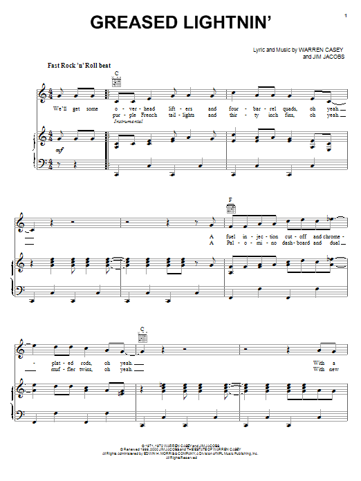 John Travolta Greased Lightnin' Sheet Music Notes & Chords for Piano, Vocal & Guitar (Right-Hand Melody) - Download or Print PDF John Travolta Greased Lightnin' Sheet Music Notes & Chords for Piano, Vocal & Guitar (Right-Hand Melody) - Download or Print PDF
