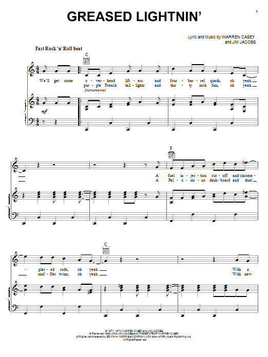 John Travolta Greased Lightnin' Sheet Music Notes & Chords for Piano, Vocal & Guitar (Right-Hand Melody) - Download or Print PDF