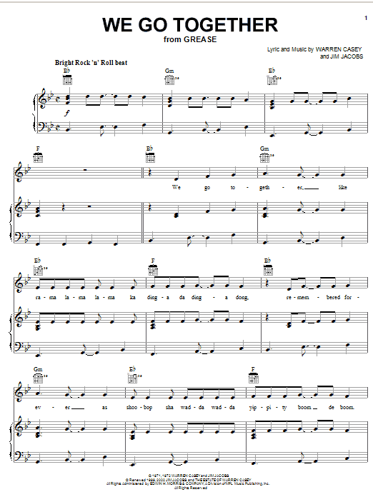 John Travolta We Go Together (from Grease) Sheet Music Notes & Chords for Piano, Vocal & Guitar (Right-Hand Melody) - Download or Print PDF John Travolta We Go Together (from Grease) Sheet Music Notes & Chords for Piano, Vocal & Guitar (Right-Hand Melody) - Download or Print PDF