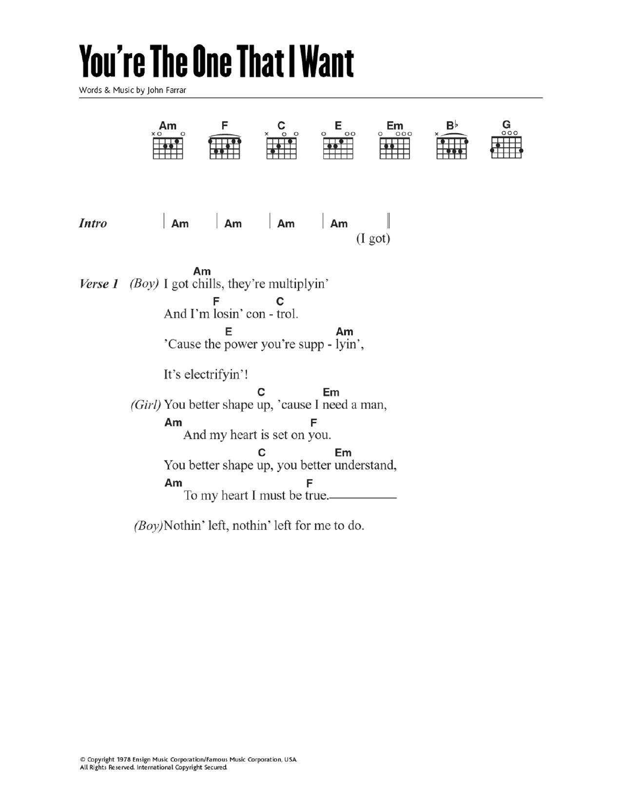 John Travolta You're The One That I Want (from Grease) Sheet Music Notes & Chords for Guitar Chords/Lyrics - Download or Print PDF