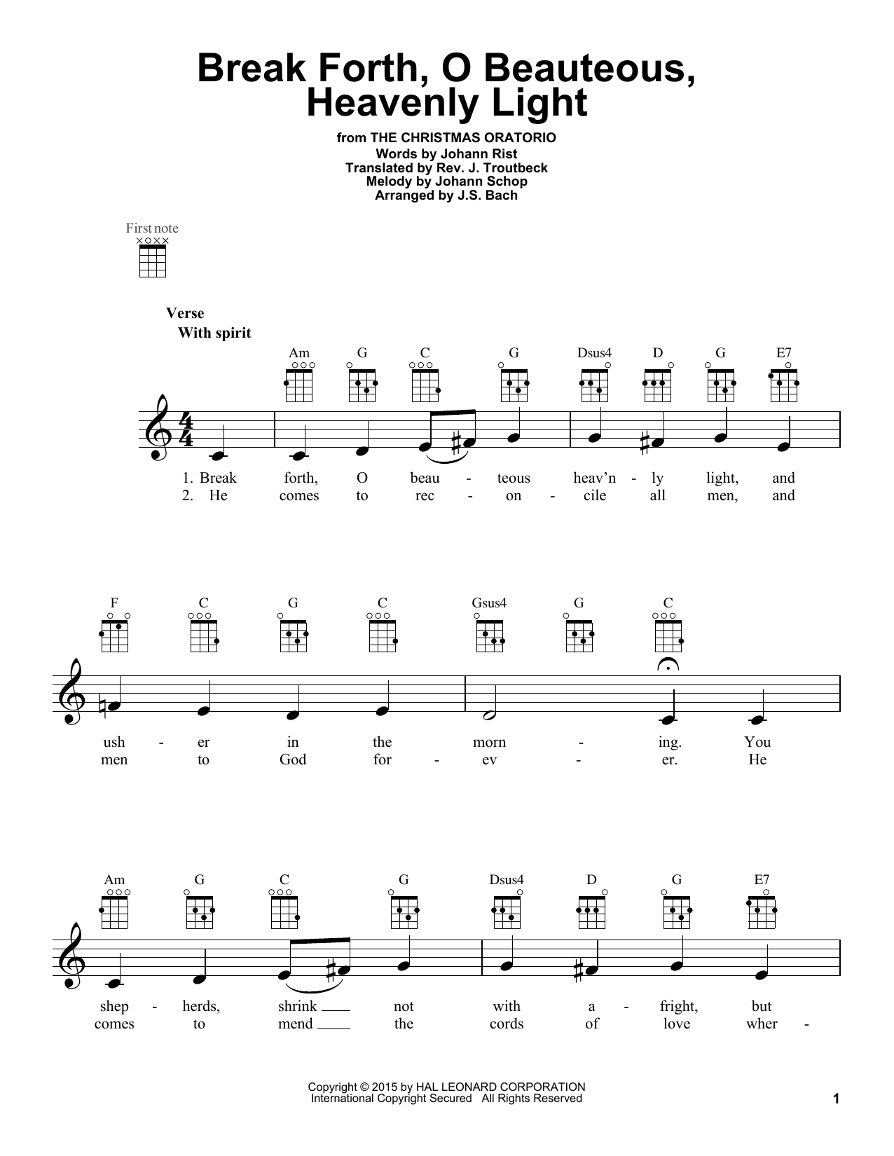 Johann Sebastian Bach Break Forth, O Beauteous, Heavenly Light Sheet Music Notes & Chords for Ukulele - Download or Print PDF