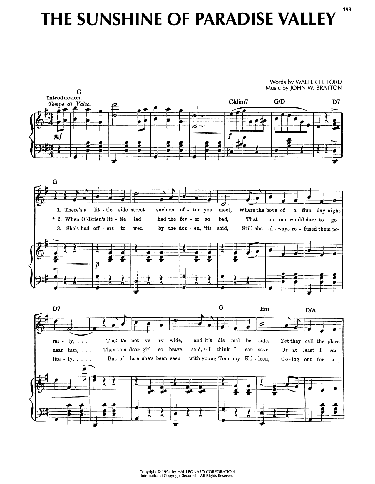 John W. Bratton The Sunshine Of Paradise Valley Sheet Music Notes & Chords for Piano, Vocal & Guitar Chords (Right-Hand Melody) - Download or Print PDF