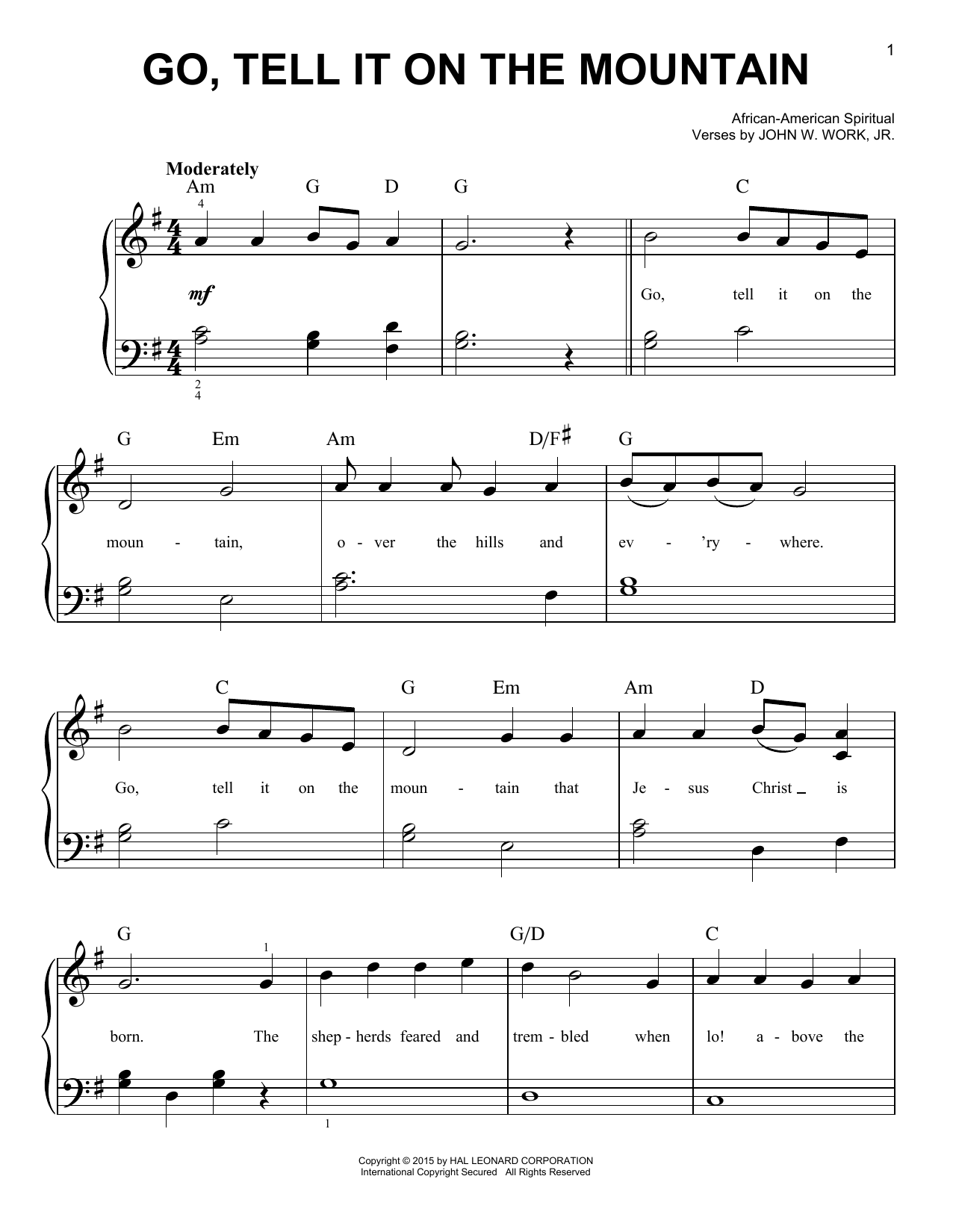 African-American Spiritual Go, Tell It On The Mountain Sheet Music Notes & Chords for Easy Piano - Download or Print PDF