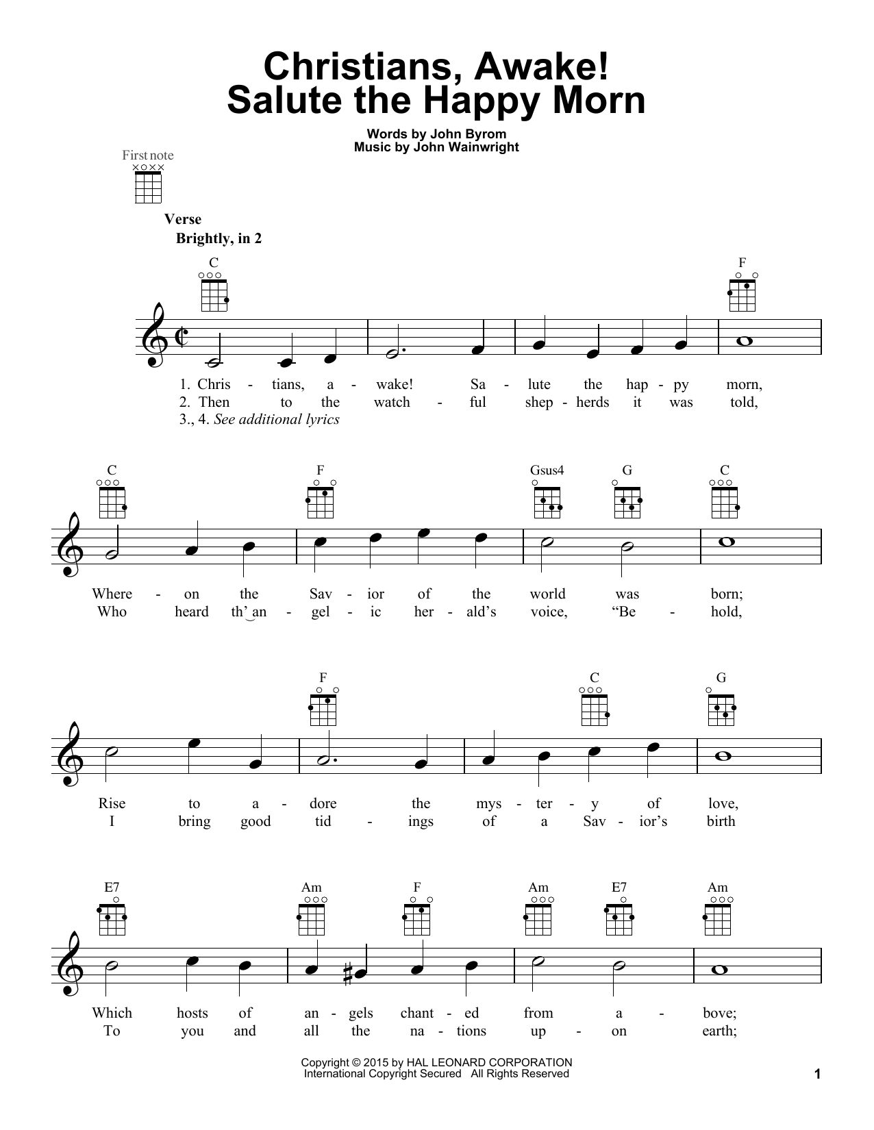 John Wainwright Christians, Awake! Salute The Happy Morn Sheet Music Notes & Chords for Ukulele - Download or Print PDF