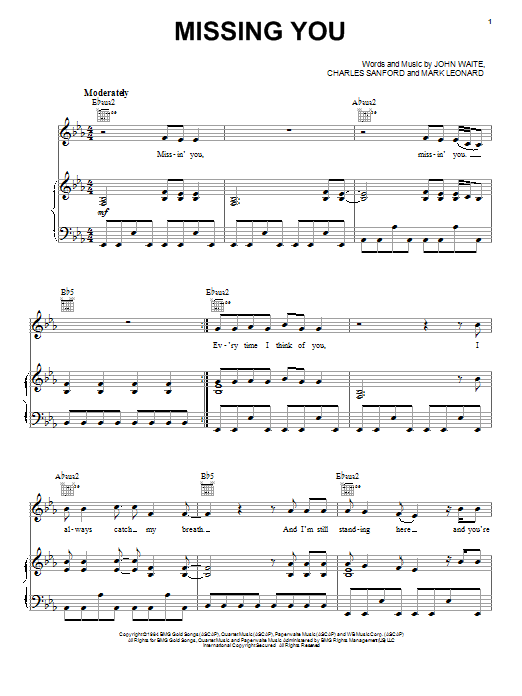John Waite Missing You Sheet Music Notes & Chords for Piano, Vocal & Guitar - Download or Print PDF