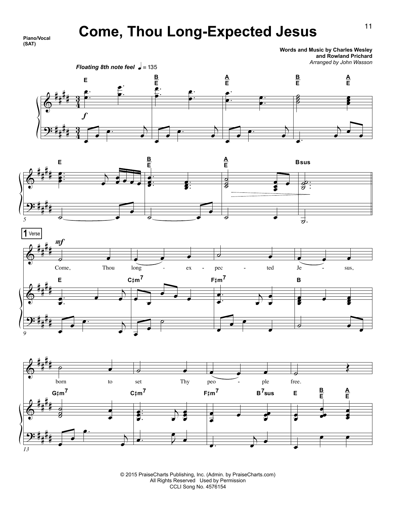 John Wasson Come, Thou Long-Expected Jesus Sheet Music Notes & Chords for Piano & Vocal - Download or Print PDF