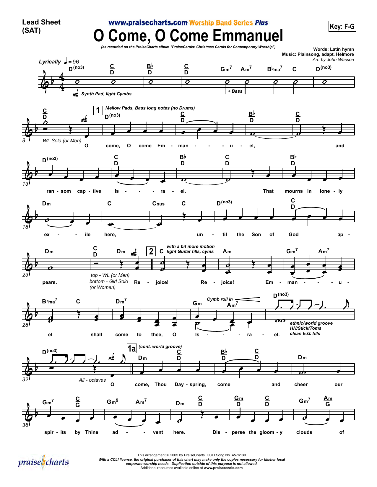 John Wasson O Come O Come Emmanuel Sheet Music Notes & Chords for Lead Sheet / Fake Book - Download or Print PDF