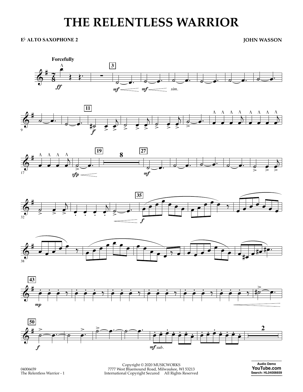 John Wasson The Relentless Warrior - Eb Alto Saxophone 2 Sheet Music Notes & Chords for Concert Band - Download or Print PDF