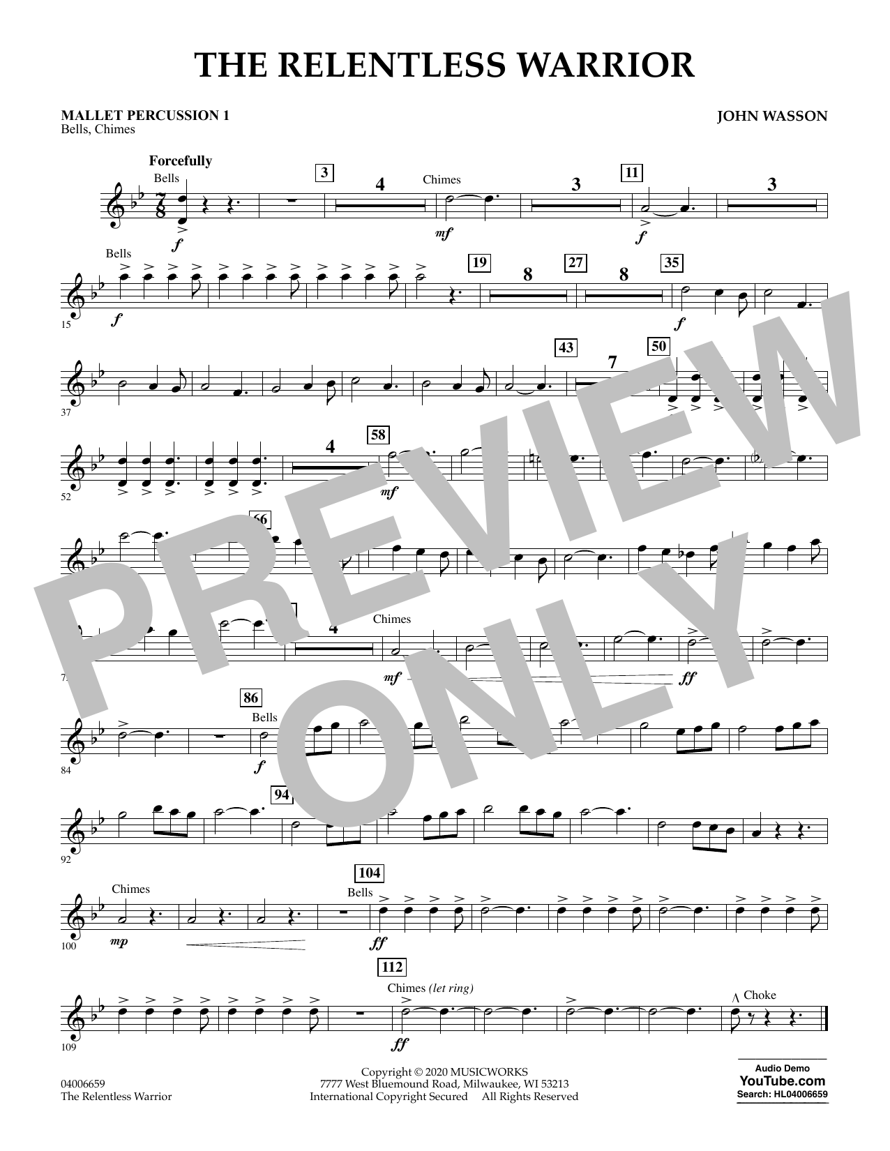 John Wasson The Relentless Warrior - Mallet Percussion 1 Sheet Music Notes & Chords for Concert Band - Download or Print PDF