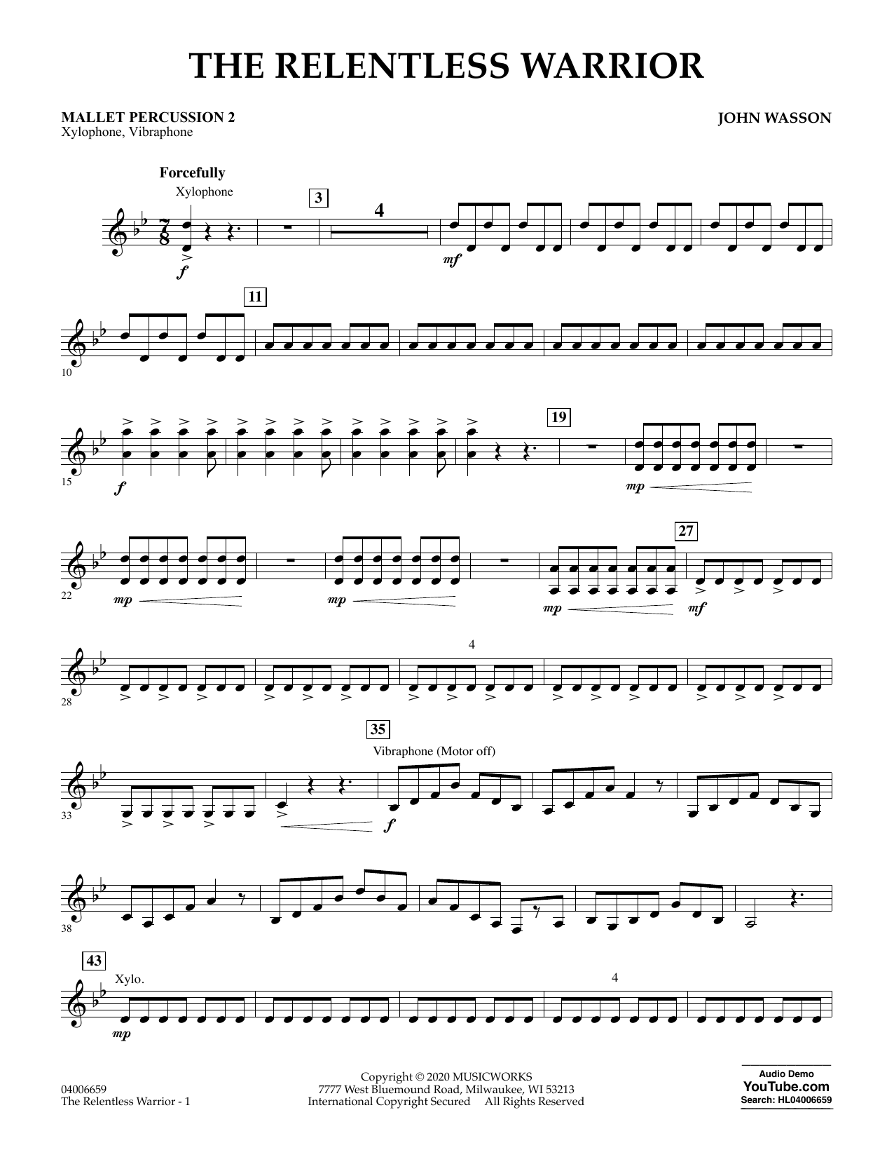 John Wasson The Relentless Warrior - Mallet Percussion 2 Sheet Music Notes & Chords for Concert Band - Download or Print PDF