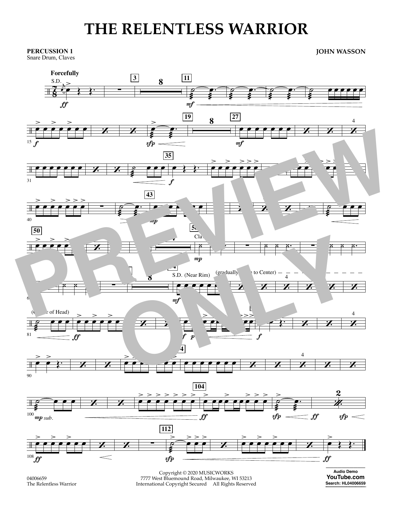 John Wasson The Relentless Warrior - Percussion 1 Sheet Music Notes & Chords for Concert Band - Download or Print PDF