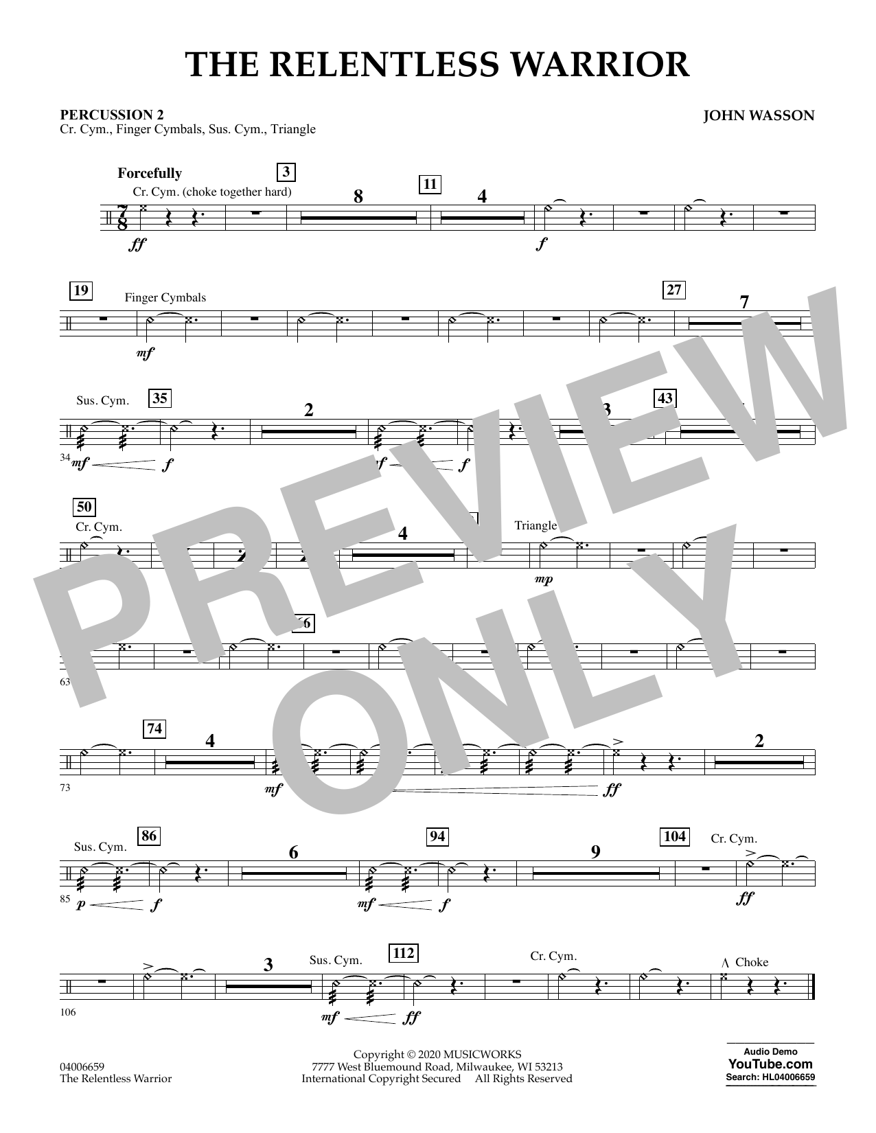 John Wasson The Relentless Warrior - Percussion 2 Sheet Music Notes & Chords for Concert Band - Download or Print PDF