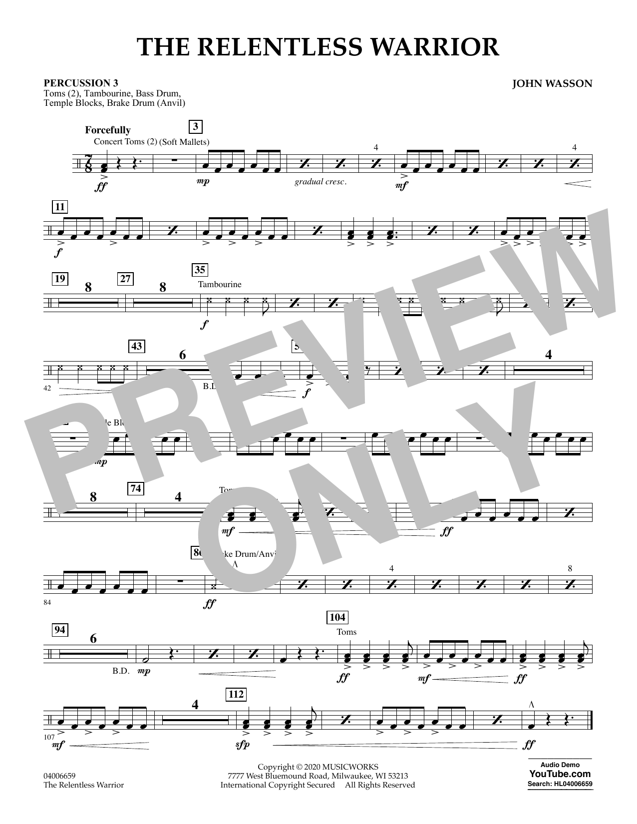 John Wasson The Relentless Warrior - Percussion 3 Sheet Music Notes & Chords for Concert Band - Download or Print PDF